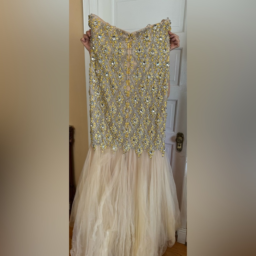 Cream colored rhinestone dress strapless by Sherry Hill